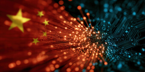 Digital representation of China technological advancement, featuring blend of fiber optics and circuit board patterns, symbolizing innovation and connectivity