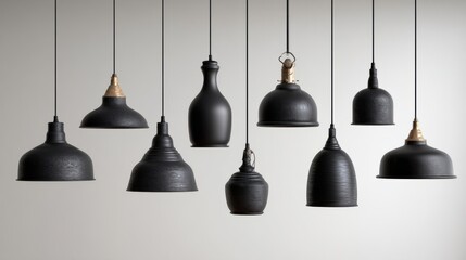 Obraz premium Assortment of black hanging lamps with smooth matte finish, isolated product view on white background