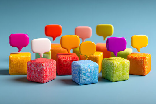 Inclusive language is symbolized by speech bubbles and vibrant cubes