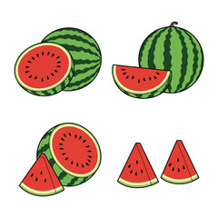 Watermelon Vector Illustration Set with Whole Sliced and Halved Watermelons