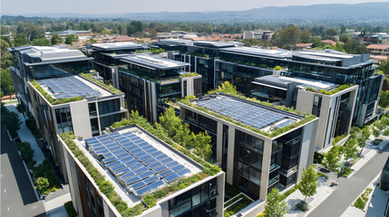 To achieve net zero energy consumption, green building developments incorporate innovative technologies, such as solar panels and rainwater harvesting systems