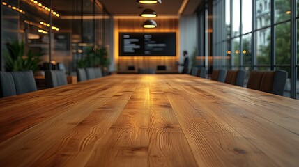 Perspective view of a long, polished wooden table in a spacious and modern corporate conference room, an ideal setting for business