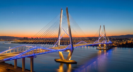 Explore the illuminated bridge at sunset cityscape view with modern architecture and urban skyline scene