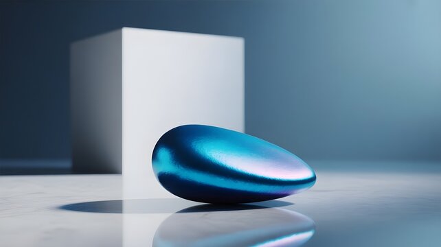 Abstract composition featuring a smooth iridescent blue egg shaped object resting on a reflective surface next to a white geometric cube