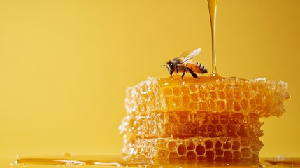 Honey Bee on Honeycomb with Golden Honey Dripping – Beekeeping, Pollination, and Nature Macro Photography