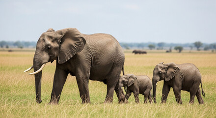 Elephant family walking together in african savannah wildlife safari travel and tourism destination