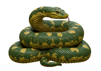 Close-up of a Vibrant Green and Yellow Patterned Python Snake Coiled on a Black Background