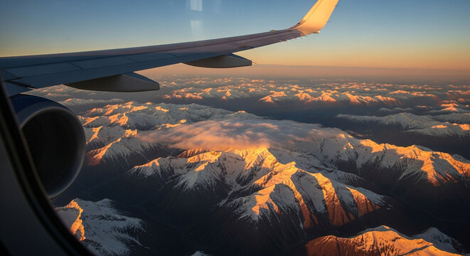 Aerial view of mountains from airplane window at sunset travel photography stock photo and images download
