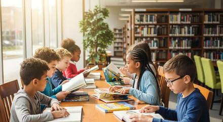 Children reading books in library education and learning concept school kids studying together in library