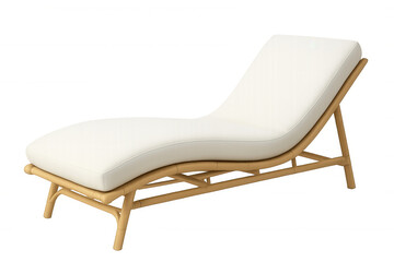 Comfortable chaise lounge with white cushion and light wooden frame isolated on transparent background, perfect for interior design projects