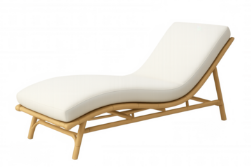Comfortable chaise lounge with white cushion and light wooden frame isolated on transparent background, perfect for interior design projects