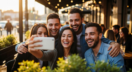 Group of friends taking a selfie at outdoor cafe smiling and laughing together enjoying a sunny day out