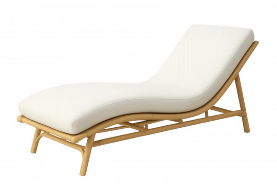 Comfortable chaise lounge with white cushion and light wooden frame isolated on transparent background, perfect for interior design projects