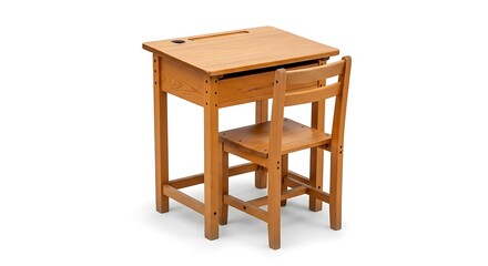 A vintage wooden school desk and chair set, perfect for a child's study or classroom environment.