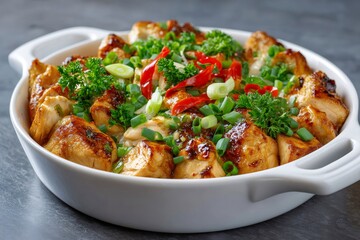 Fototapeta premium Marinated pan-fried tofu with spring onions, chili pepper and parsley garnish