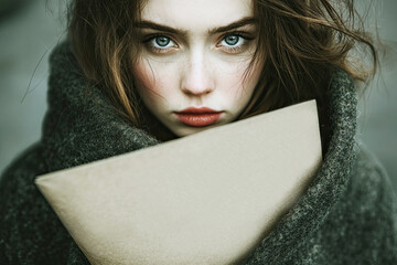 A close-up portrait of a young woman with striking features, holding a brown envelope, conveying a sense of introspection.
