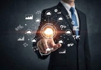 Businessman touching cloud computing interface for modern data management and business analytics strategy with data visualization tools in information technology systems