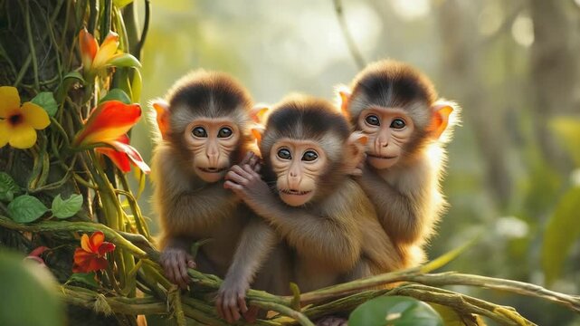 Three adorable baby monkeys curiously exploring lush jungle habitat in heartwarming video clip