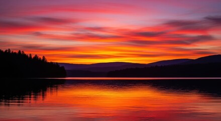Obraz premium Fiery Sunset over Serene Lake and Mountains