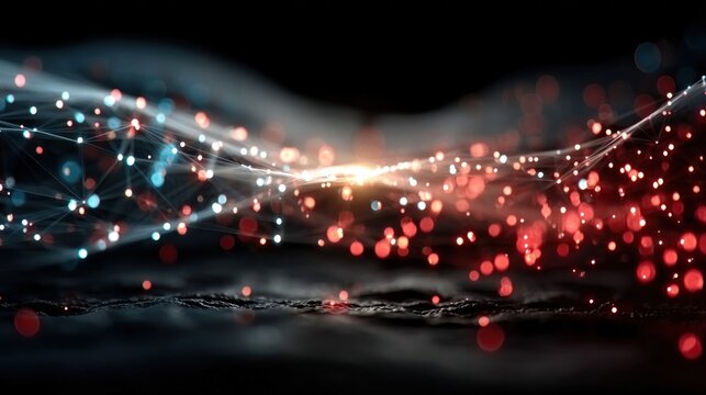 Low poly abstract technology background made of lines, dots, and glowing red and blue particles