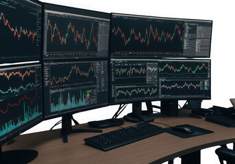 Multiple computer monitors displaying stock market charts isolated on transparent background