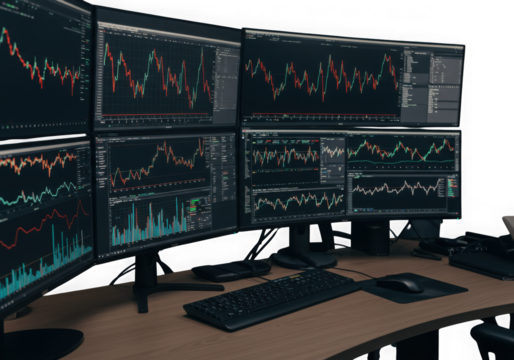 Multiple computer monitors displaying stock market charts isolated on transparent background