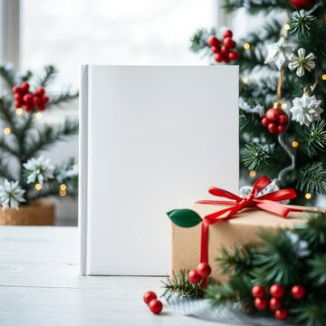 Portrait blank book cover template standing against background with christmas tree winter holiday gift mockup holiday promotion front view of magazine mockup book mockup Ultra realistic Photoreal