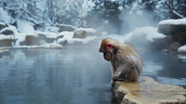 Snow monkey relaxing in hot spring bath in winter wonderland, a serene travel destination