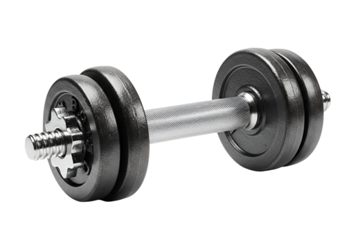 close-up of adjustable black plastic and metal dumbbell with textured handle for weight lifting