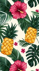 Obraz premium Tropical pineapple hibiscus pattern.