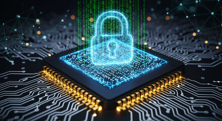 Secure data encryption and network security concept with padlock on computer chip technology background