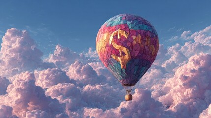 Low poly style balloon tied with currency symbol rising in the sky, representing inflation and overvalued financial assets