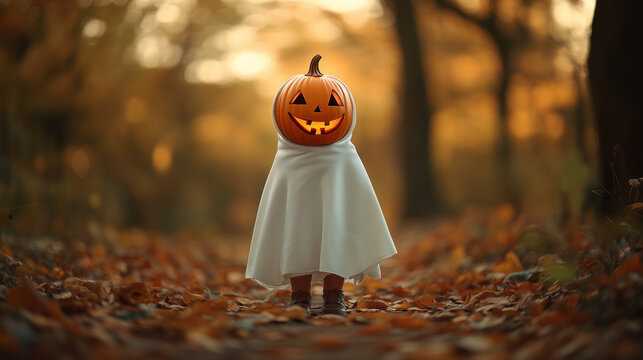 Photograph of a child dressed for Halloween, draped in a white sheet with a carved pumpkin on their head, standing in a forest. The path is covered with fallen maple leaves, blanketing the ground. - Powered by Adobe