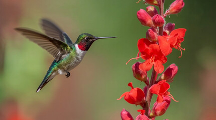 Fototapeta premium A male Ruby-throated Hummingbird hovers near a cluster of vibrant red flowers, its iridescent feathers catching the light.
