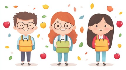 Back to school vector illustration with cute students carrying schoolbags, fruits and leaves, ideal for education promotion, stationery marketing and campus event materials, featuring a fresh and love