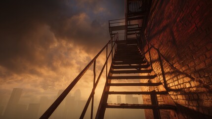 Rusty Metal Fire Escape on Old Brick Building – Rain-Soaked View of City Skyline at Sunset