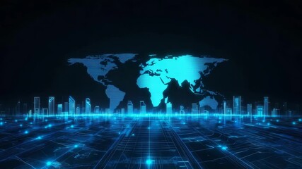Digital cityscape glowing blue lights futuristic world map technology grid skyscraper holographic high tech innovative atmosphere virtual reality data visualization cyber illuminated skyline global - Powered by Adobe