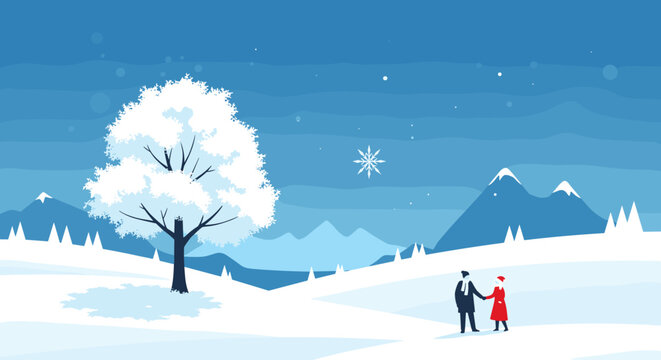 romantic winter landscape with a snowy tree and couple enjoying the season