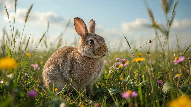 A small, fluffy brown rabbit sits in a field of wildflowers under a bright blue sky with fluffy white clouds.