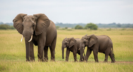 Obraz premium African elephants family walking together in savanna wildlife photography safari adventure travel