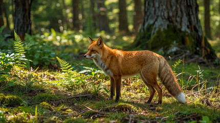 A red fox stands alert in a sun-dappled forest clearing, surrounded by lush green ferns and mossy ground.