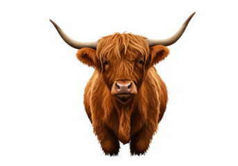 Close-up of Long-Horned Highland Cow with Thick Fur Against Black Background