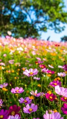 Vibrant cosmos flowers blanket a hill, leading to a blurred, sunny sky and tree