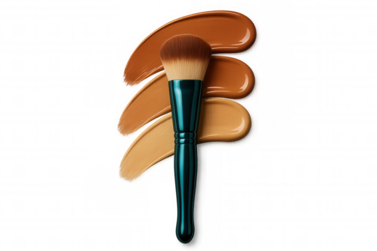 Makeup brush blending multiple foundation shades across transparent surface, generating smooth gradient coloration