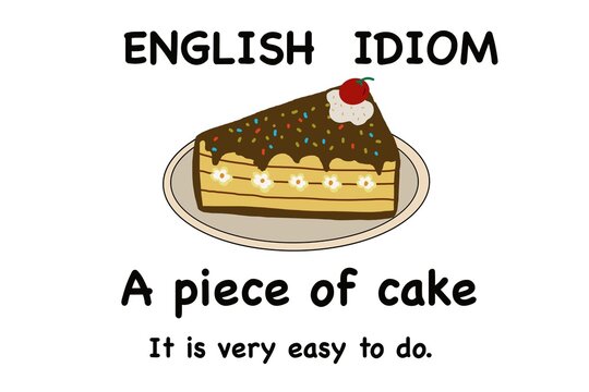 A cute illustration of a slice of chocolate cake with the English idiom &ldquo;A piece of cake&rdquo; and its meaning, perfect for educational materials, language learning. Educational posters or  flashcards. 