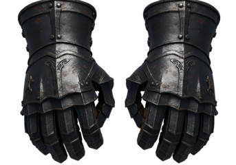 Close-up of medieval black steel gauntlets with detailed craftsmanship and rivets on a black