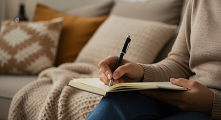 Journaling on sofa with cozy blanket and soft cushions