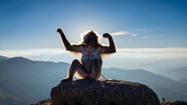 Gelada monkey sitting majestically atop a mountain rock, a nature video about wild animals