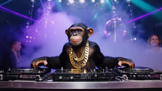 Wild DJ monkey mixing music at a vibrant disco club party with bright lights and energy
