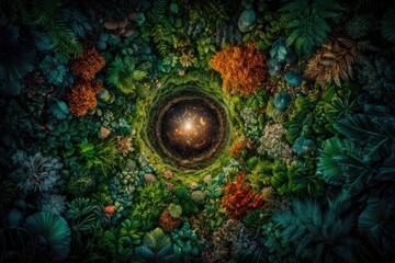 Tunnel of vibrant flora leading to a glowing center